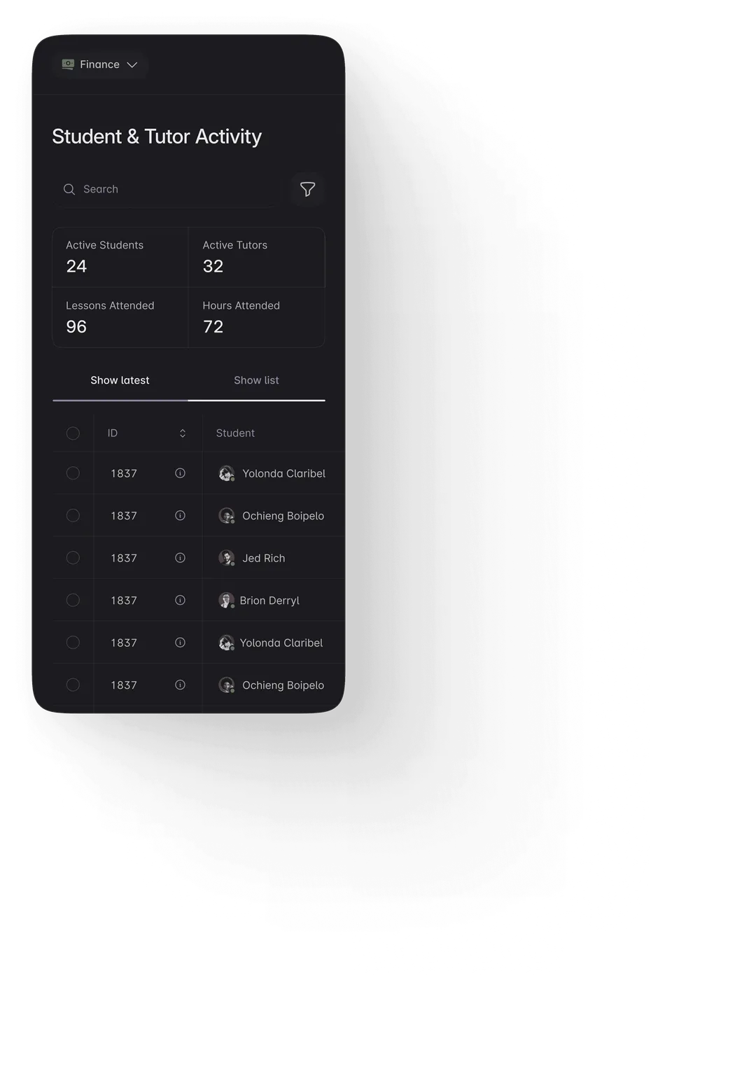 Student & Tutor Activity dashboard — mobile layout