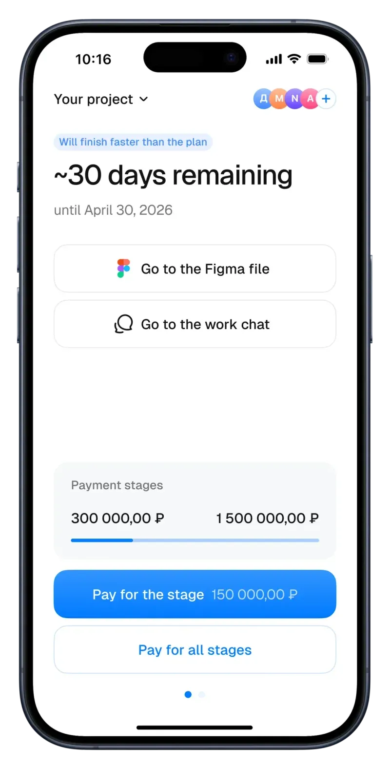 Labpics app payment stages screen with pay-per-stage buttons