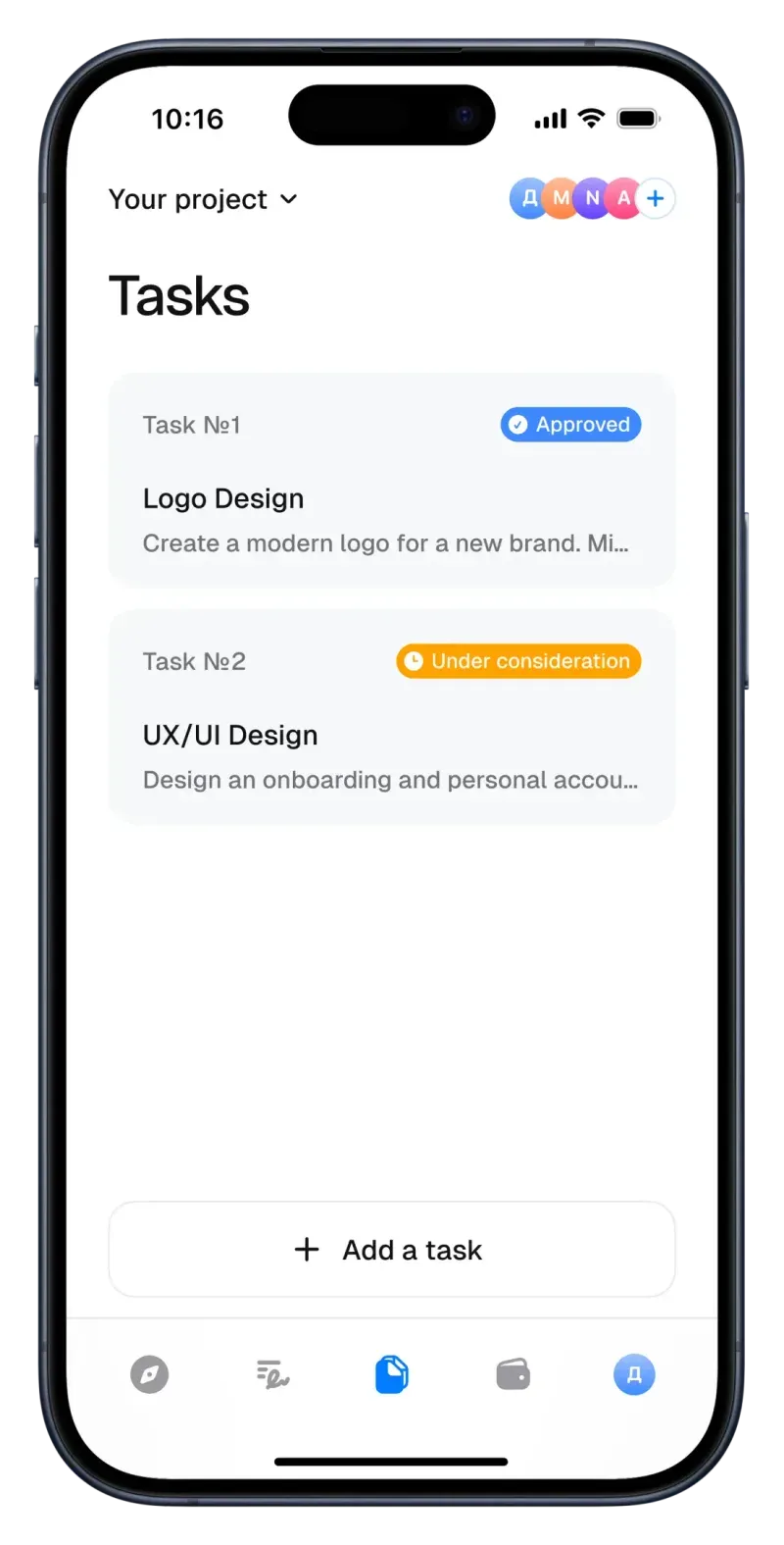 Labpics app screen with the project task list: Logo Design approved, UX/UI Design under consideration