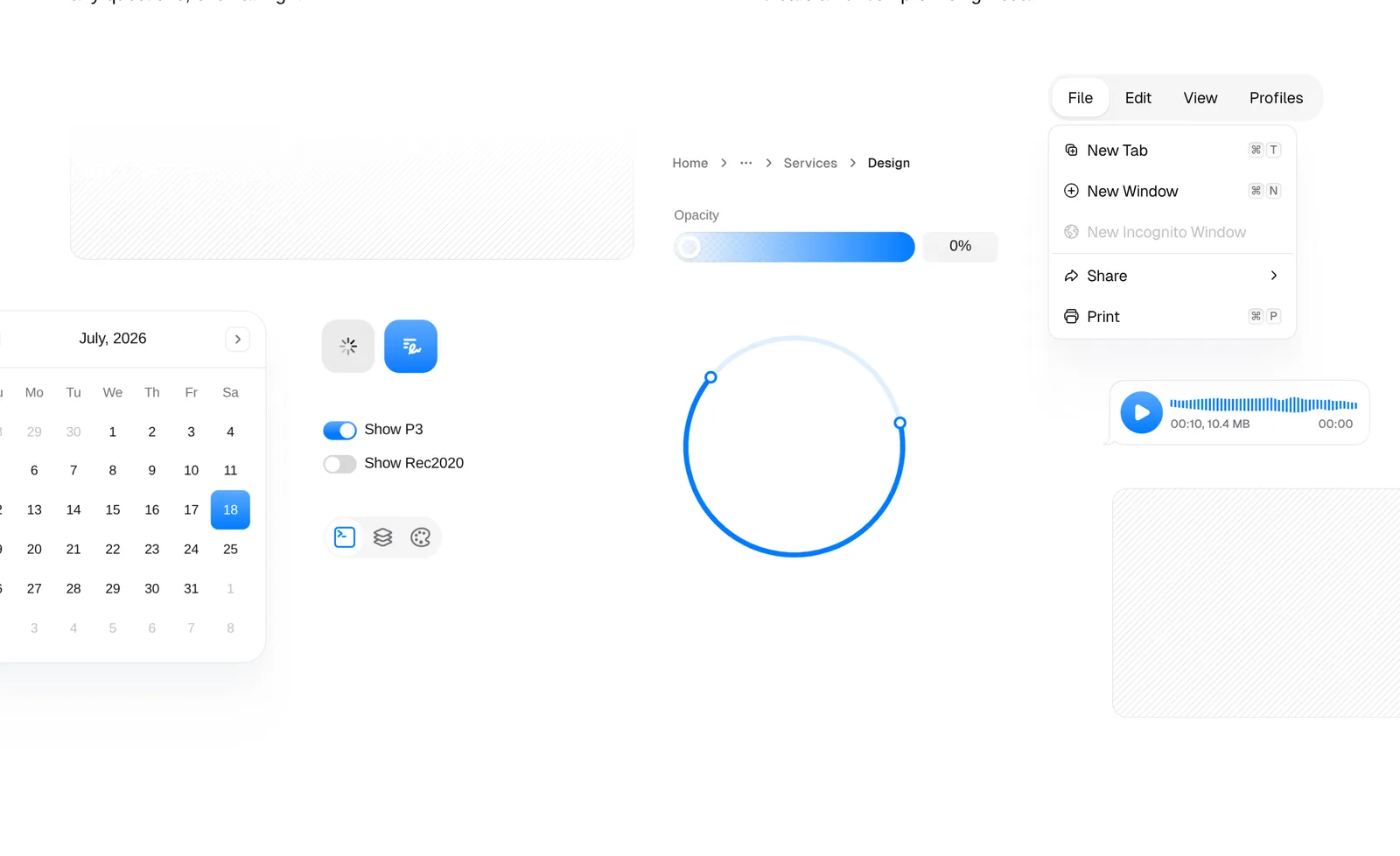 Lab UI design-system widgets: calendar, P3 and Rec2020 color-gamut toggles, opacity slider, menu bar and audio player