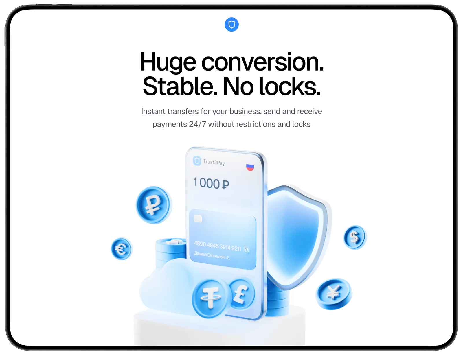 Trust2Pay payments landing page in a tablet frame
