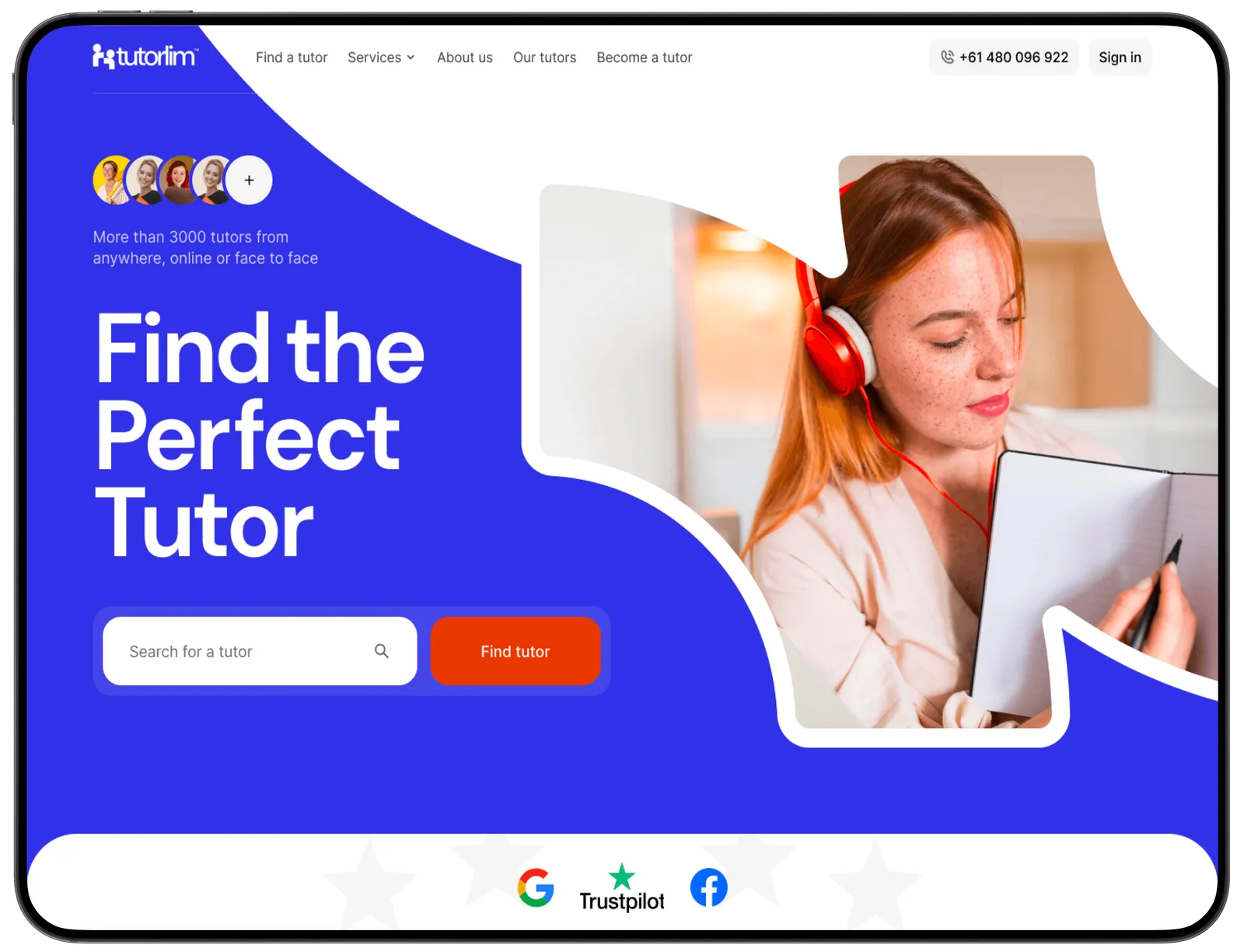 Tutorlim tutoring platform landing page in a tablet frame
