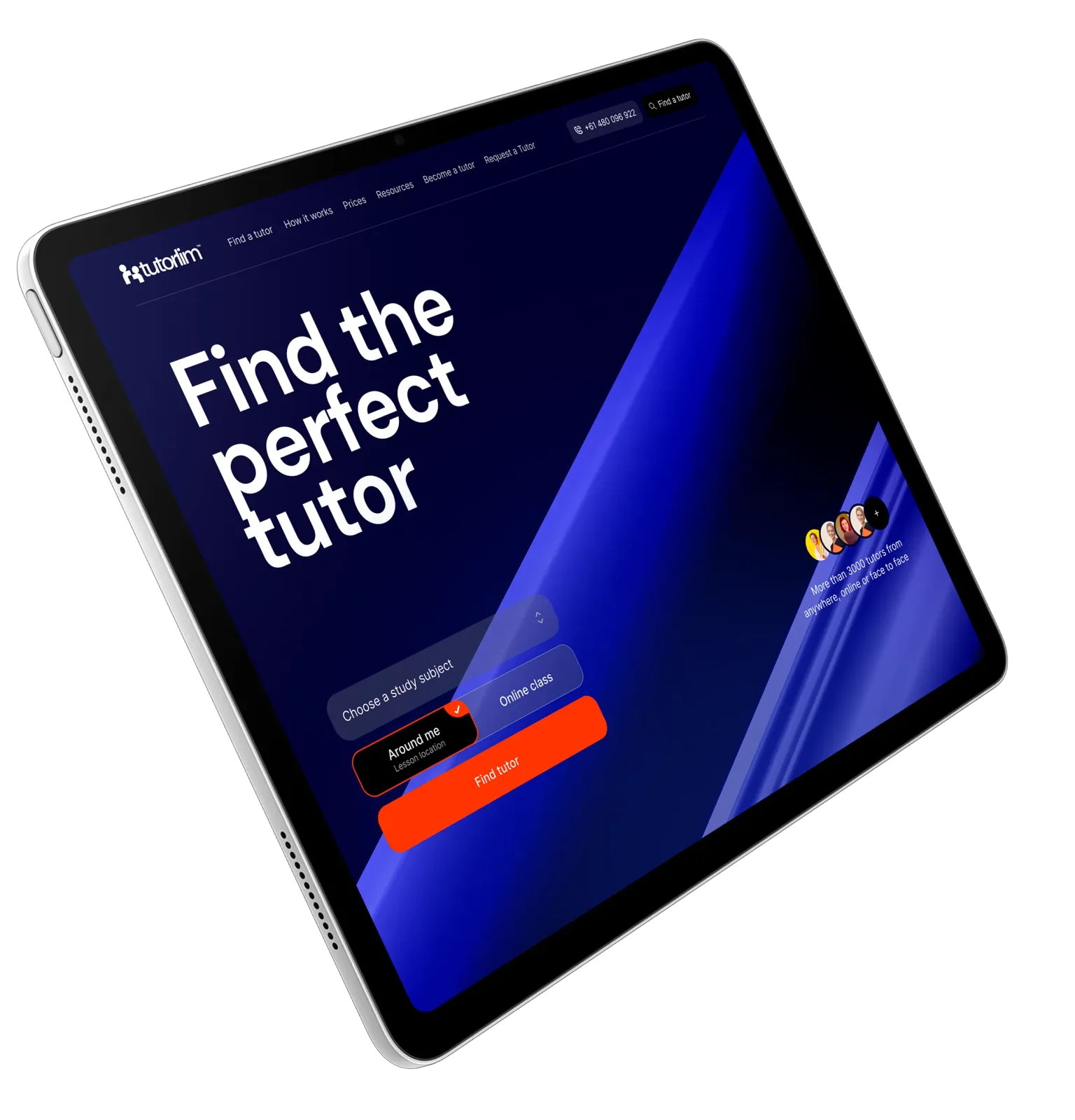 Tutorlim design concept on a tablet — dark theme