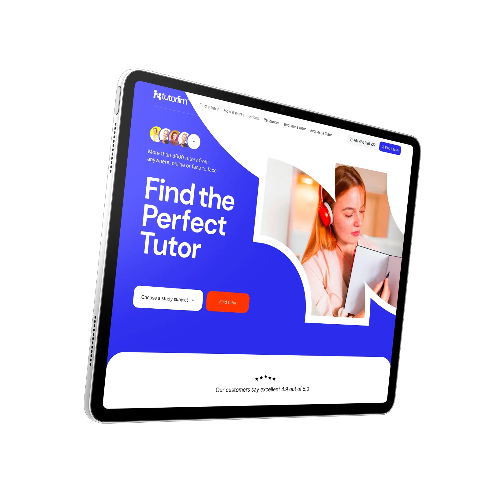 Tutorlim design concept on a tablet — Find the Perfect Tutor landing